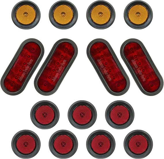 LED Light Kit for Trailers Trucks RVs - Oval Stop/Turn/Tail Lights - 2.5" Amber Sidemarkers - 2.5" Red Sidemarkers (Over 80" Width) (Grommet Mounted)