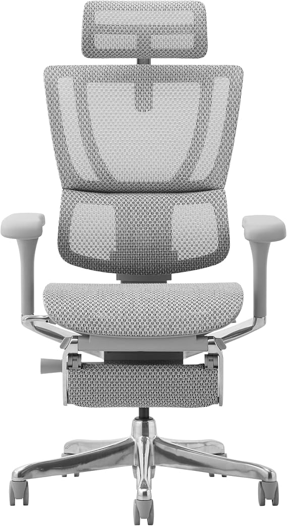Ergohuman 2 FIT2-LPL-DR-GF-WH 459649 Office Chair with Headrest, Built-in Ottoman, Elevation Type, Memory Locking Function, PU Caster, Fit 2, Frame: Gray, Mesh: White