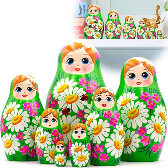 AEVVV Russian Nesting Dolls Set of 7 pcs - Matryoshka Dolls in Summer Dress with Chamomile Flower Decorations - Cottage Core Room Decor - Cute Desk Decor -