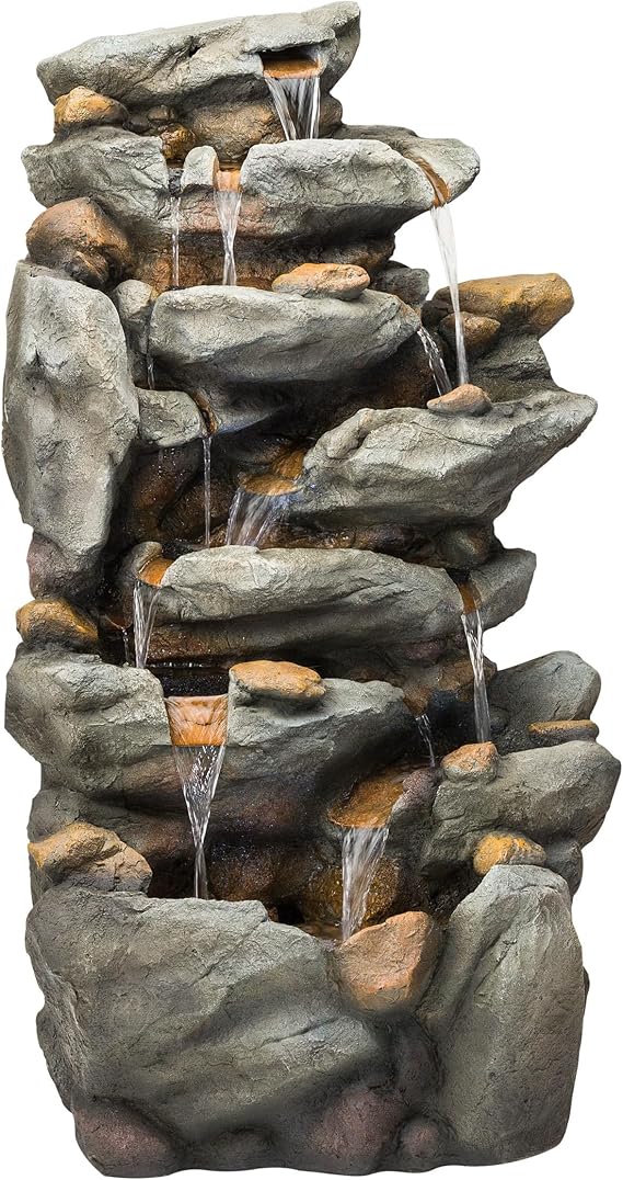 Alpine Corporation TZL130 Outdoor Floor 8-Tiered Rock Waterfall Fountain with LED Lights and Natural Stone Look, 50", Gray
