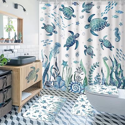 Lofaris Sea Turtle Shower Curtain Set, 4-Piece Blue Underwater World Bathroom Decor, Non-Slip Rugs, Ocean-Themed Coral Design