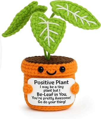 Crochet Positive Plant Inspirational Gifts for Women Coworker Plant Lovers Friends Home Office Gifts Desk Decor Handmade Knit Potted Bookshelf Decorations