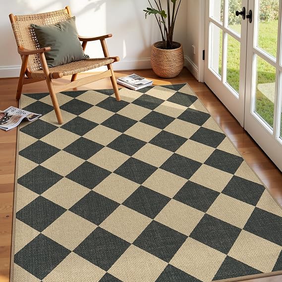 Lessymo Checkered 3x5 Outdoor Patio Rug, Washable Easy Jute for Entryway