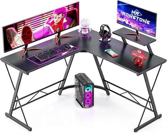 Mr IRONSTONE L Shaped Gaming Desk Corner Computer Desk, Home Office Desks Writing Workstation with Large Monitor Stand, Easy to Assemble (Black,51 Inch)