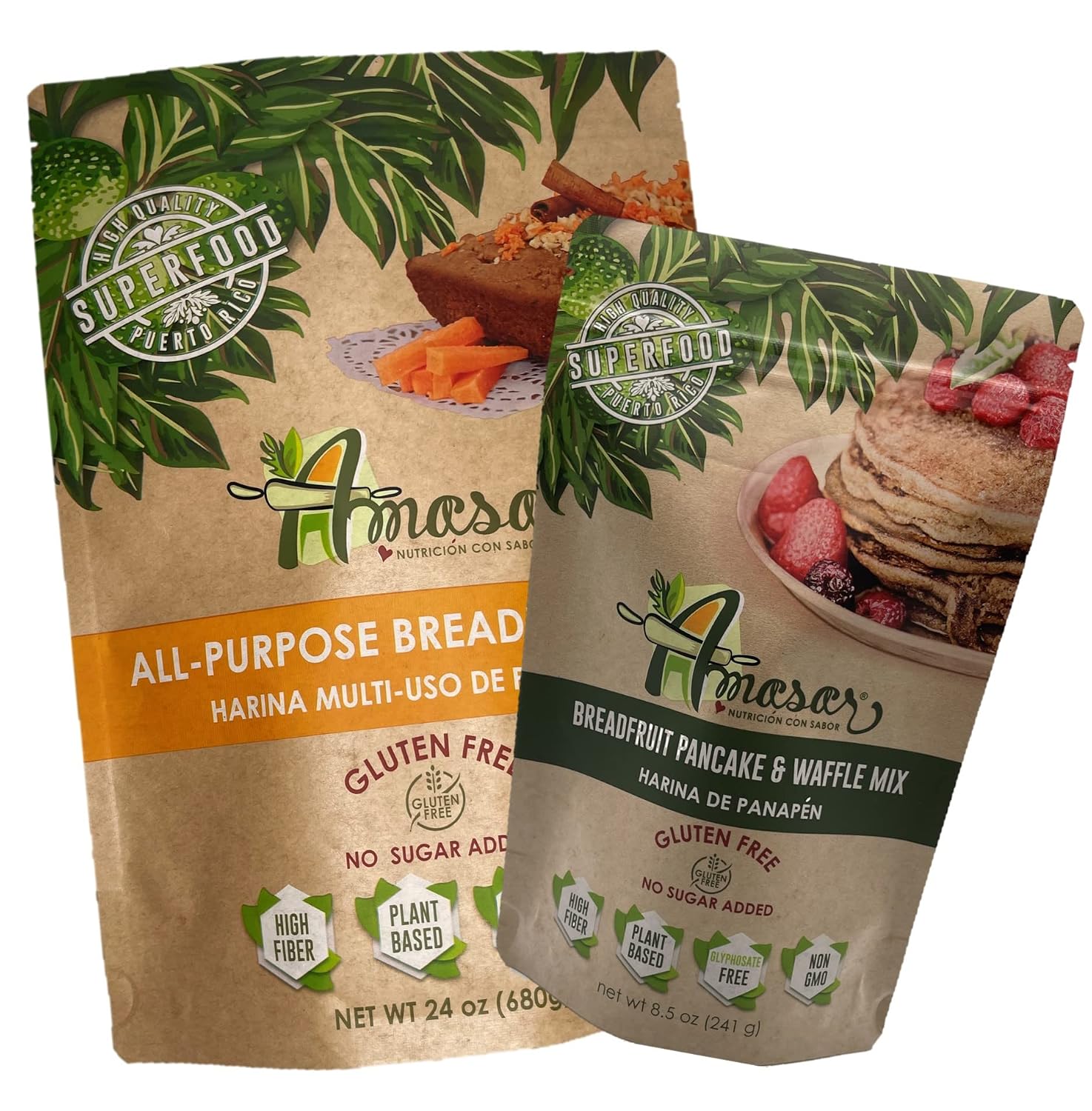 Combo: Breadfruit Pancake and Amasar | Combo: Breadfruit Pancake and Waffle Mix | All Purpose Baking Mix | Gluten-Free Non-GMO High-Fiber No Sugar Added Preservative-Free | Plant Based Pancakes Crispy Waffles Muffins | 8.5 Oz per BagMix  All Purpose Baking Mix