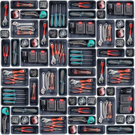 45 Pack Tool Box Organiser Trays, Plastic Tool Storage Drawer Organiser Tray Dividers, Tool Chest Cabinet Cart Compartment Box for Small Parts, Screw, Drill, Toolbox, Gray
