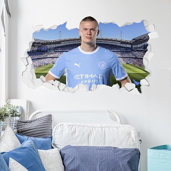 Official Manchester City Wall Sticker - Erling Haaland 25/26 Broken Wall Decal (60cm Width x 35cm Height)