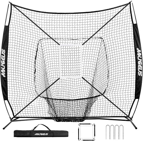 7'X7' Baseball Softball Practice Net,Pitching Net,Batting Net,with Baseball Tee,Bonus Strike Zone and Bow Frame,for Hitting,Pitching, Catching
