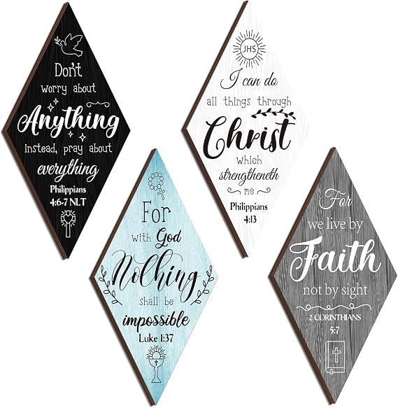 Christian Inspirational Rustic Wall Decor - 4 Pcs Bible Verses Motivational Art Inspiring Wooden Hanging Plaque Quotes Signs for Office Living Room Bedroom