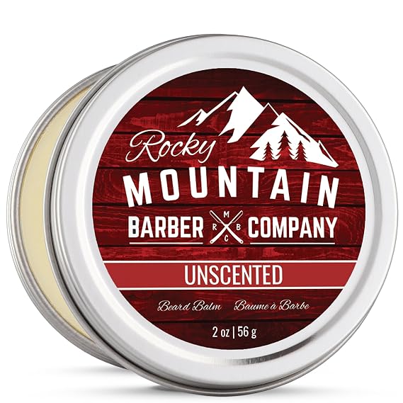 Rocky Mountain Barber Company Unscented Mustache & Beard Balm, 2 oz | Unscented, Hydrates & Adds Shine to Dry Beards, Light Hold, Helps Shape & Tame Beards, Made with Beeswax & Shea Butter