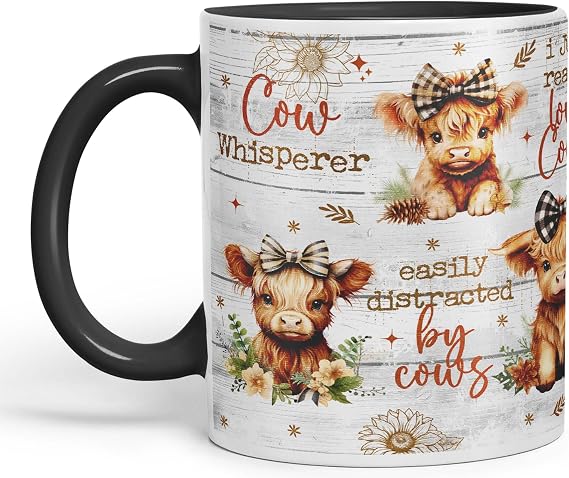 Vixar Easily Distracted by Baby Cow Whisperer I just Realy Love Cow Highland Scottish Farm Animals Ceramic Coloured Mug Cup for Tea Coffee Hot Brew 330ml 11Oz Gift (Black)