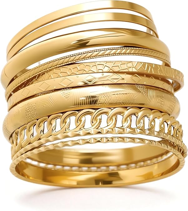 IF ME Gold Bangle Bracelets for Women, Indian Bangles Stackable Set, Multi Layer Textured 18K Gold Plated Chunky Bracelets Boho Jewelrys Set