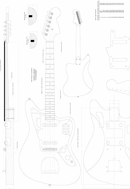 Jaguar style guitar Plans - full Scale design drawings - for making electric guitars