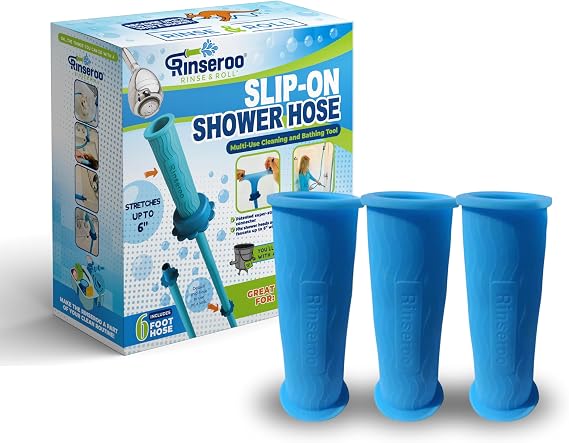 Rinseroo Bundle | Slip-On, No-Install Shower Hose (6 Foot) and Replacement Hose Connectors (3 pack) for Shower Cleaning, Babies, and Hair - Fits Showerheads/Sinks up to 4"