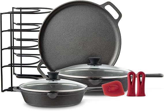 Cuisinel Cast Iron Cookware Set - 6-Pieces Pre-Seasoned Kit: 10"+12" Skillet + Glass Lids + Pizza Pan + Pan Rack Organizer + Silicone Handle Covers + Scraper/Cleaner - Grill, Camping, Indoor/Outdoor
