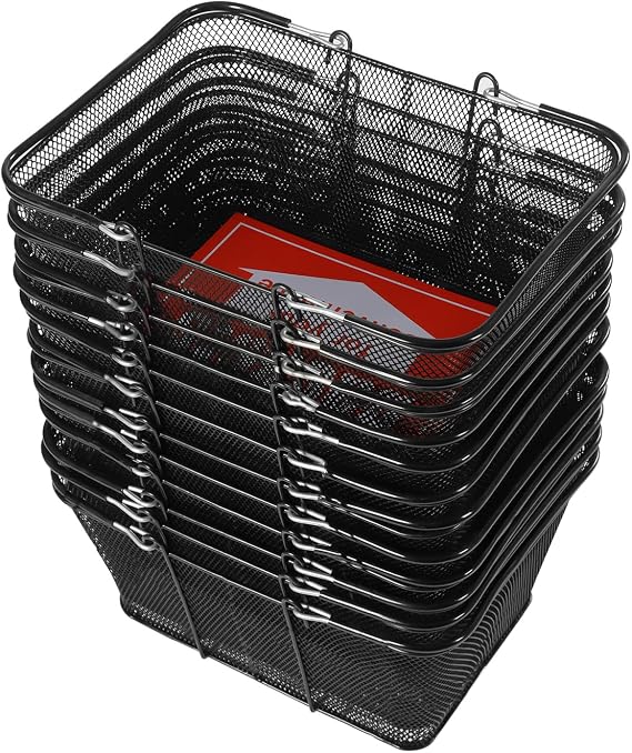 12PCS Shopping Baskets with Handles, Black Metal Shopping Basket, Portable Iron Wire Shopping Basket Set for Stores Shopping, Supermarket, Retail, Bookstore