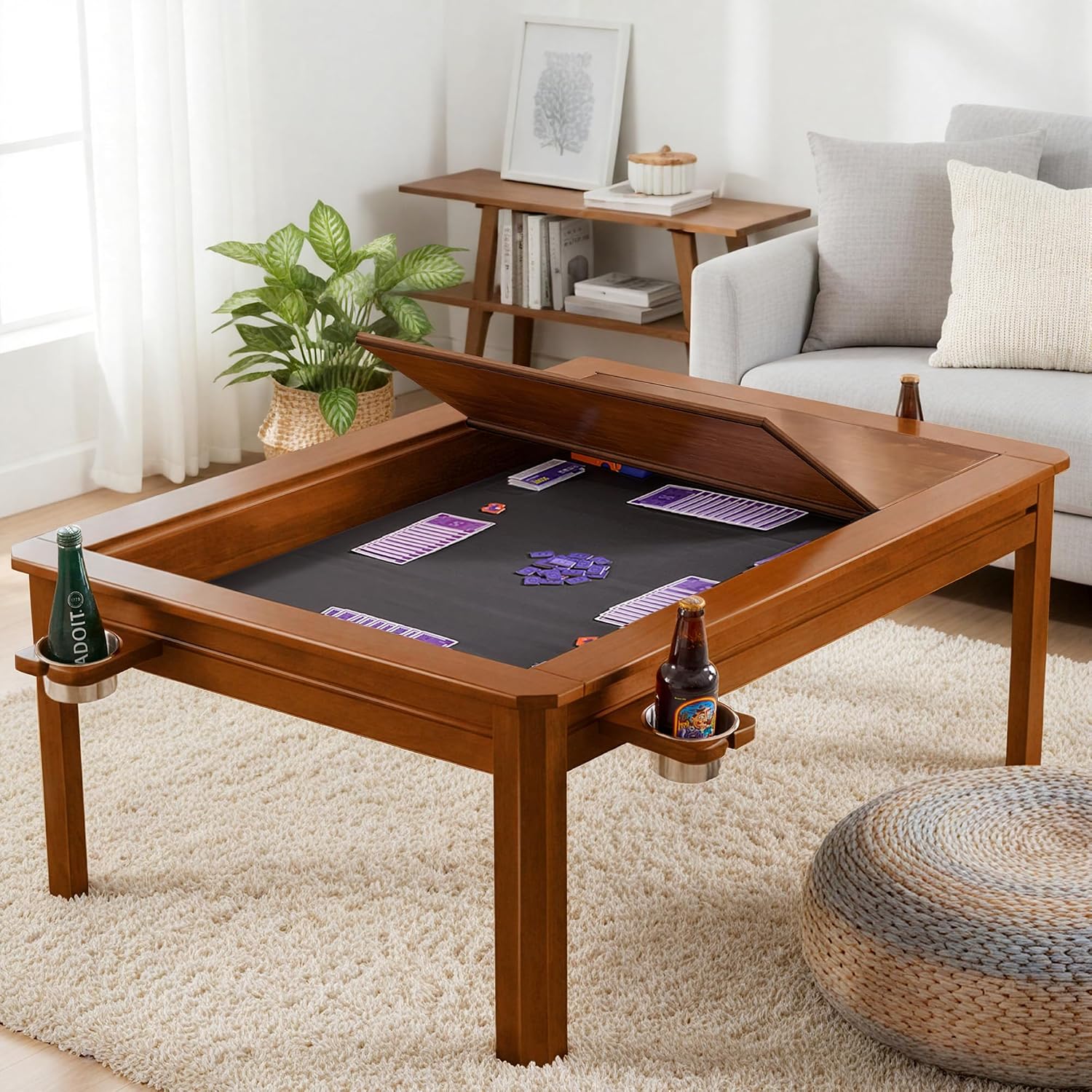 Solid Wood Board Game Coffee Table with Removable Top, 3-in-1 Gaming and Dining Table Includes Play Mat & Detachable Cup Holders, 48 L x 33 W Cherry