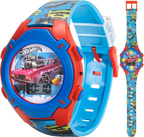 Hot Wheels Kids Watch Rotating Dial Lights, LCD Display, Adjustable Comfortable Strap, Collectible Tin Perfect for Boys and Girls