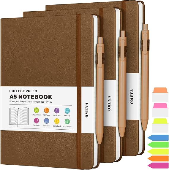 A5 Hardcover Notebooks for Work: 3 Pack, 100gsm Paper, Brown | Each 160 Lined Pages, 5.75" x 8.38", PU Leather Hardcover, 3 Pens, 2 Inner Pockets, 180 Lay-Flat, For Business, School