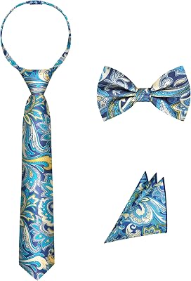 Pre-Tied Boys Set: Necktie, Bow Tie, Pocket Square | Adjustable Zipper Tie | Stain Formal Wear for Wedding Party