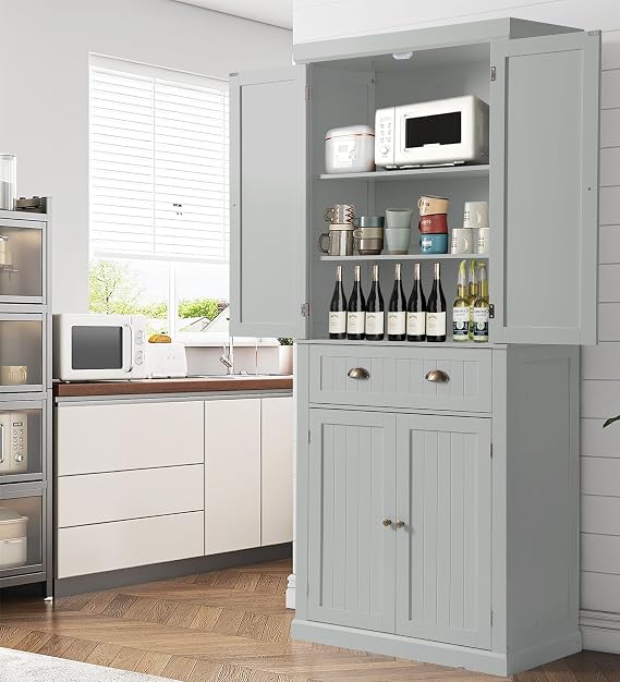 KIGOTY 72" Tall Kitchen Pantry Cabinet with Drawer and 4 Adjustable Shelves, Freestanding Pantry Storage Cabinets, Wood Cupboard Pantry Cabinet for Kitchen, Dining Room, Living Room, Grey