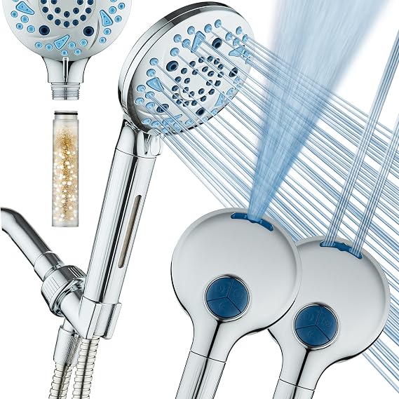 AquaCare High Pressure 10-mode Filter Handheld Shower Head with Built-in Power Wash - Clean Tub, Tile & Pets, Remove Chlorine, Metals & Toxins from Water to Protect Skin, Hair & Nails. Chrome Finish