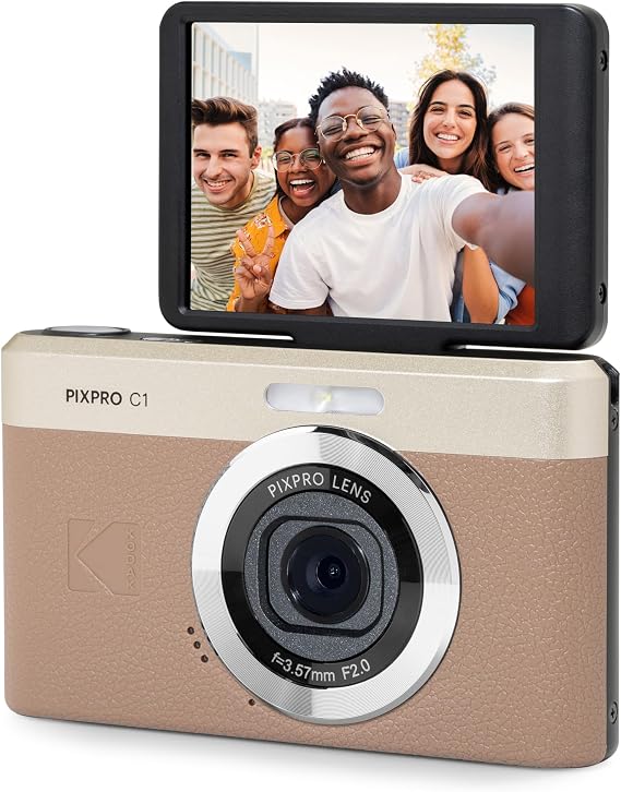 KODAK PIXPRO C1 13MP Compact Digital Camera, 26mm Fixed Lens, Brown | 1080p Full HD Video, 2.8 Inch 180 Degree Flip Screen, F2.0 Lens, Digicam, Built-in Li-Ion Battery, Selfies