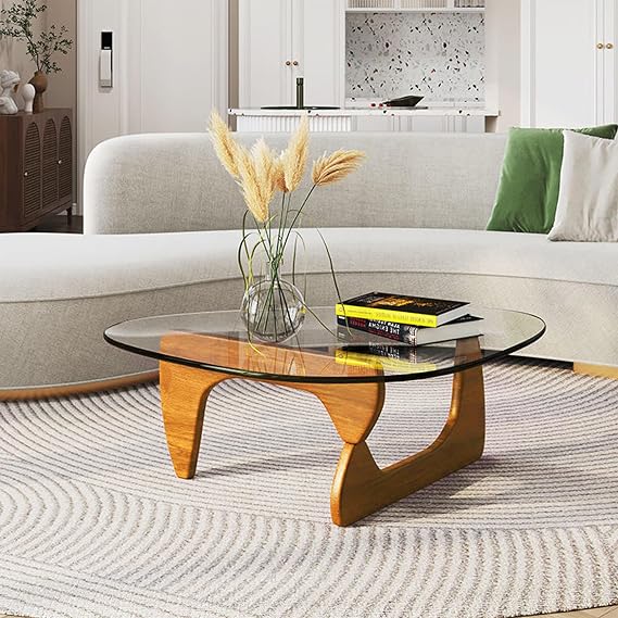 Triangle Glass Coffee Table-Mid-Century Modern End Table Solid Wood Base and Vintage Tempered Transparent Glass Top Coffee Tables Living Room Balcony (Walnut-Transparent, 36 * 25.6 * 16)