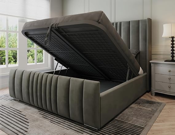 Manhattan King Size Bed Frame with Storage, Modern Velvet Ottoman King Size Beds with storage, Luxury Panelled Frame with Metal Mesh Base & 48" Headboard, Storage Bed in Grey Plush