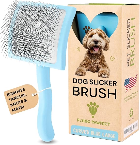 Slicker Brush for Dogs - Long Pin for Poodles, Doodles & Long Haired Dogs, Deshedding & Dematting Tool, Slicker Dog Brushes for Grooming (Blue, Curved Large)