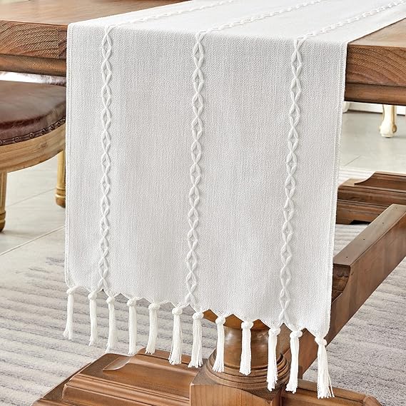 Wracra Rustic Linen Table Runner, White Table Runners 90 inches Long | Raised Embroidered Design and Hand-Tassels;Cotton Linen Woven Fabric; Farmhouse Table Runner;Home Kitchen Dining Decor