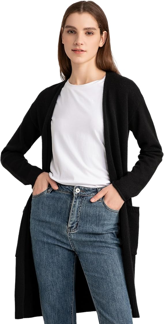 State Cashmere Set of Two 100% Cashmere Women's Cardigans: Crewneck Button Down + Open Long Cardigan with Pockets