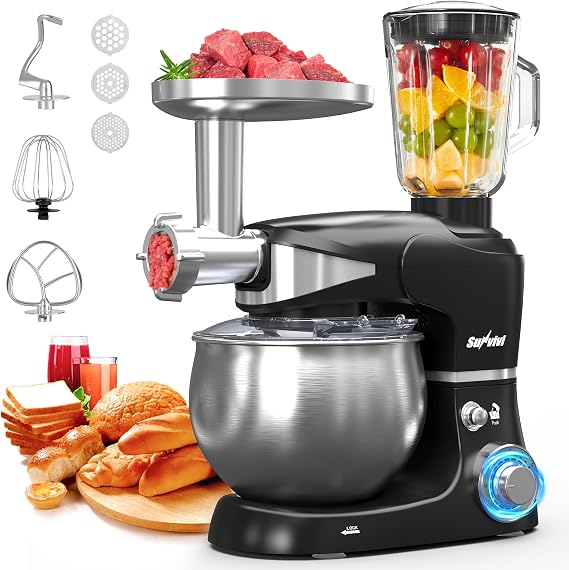 Stand Mixer with 6.5-QT Bowl: 400W Electric Kitchen Mixer with Dough Hook, Whisk & Beater, 3-in-1 Food Processor & Meat Grinder Attachment, For Baking, Bread, Pasta, Cookies