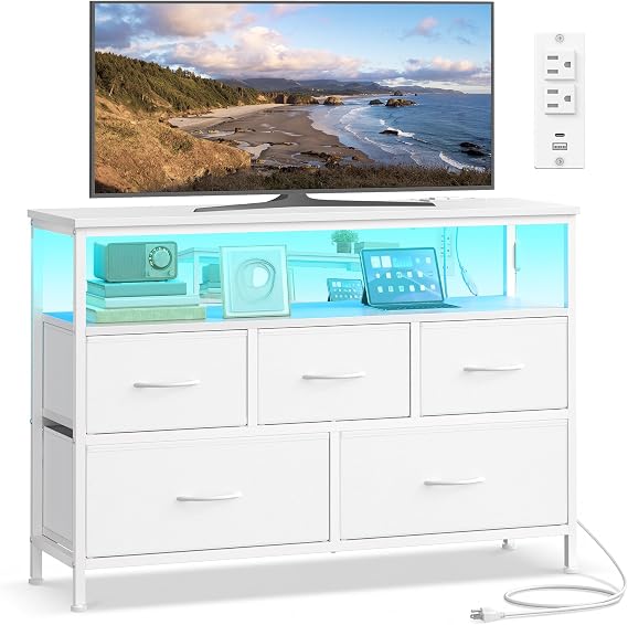 SONGMICS Dresser with App-Controlled LED Lights, 5 Fabric Drawers Dresser | Chest of Drawers with Open Shelf & Charging Station, TV Stand for Bedroom, Cloud White, BELLAH Collection ULGS723WH05S