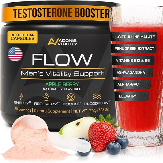 Testosterone Booster for Men Flow Nitric Oxide & Libido Supplement with 5,000mg L-Citrulline & Ashwagandha Supports Energy, Stamina & Blood Flow | Apple Berry, 30 Servings