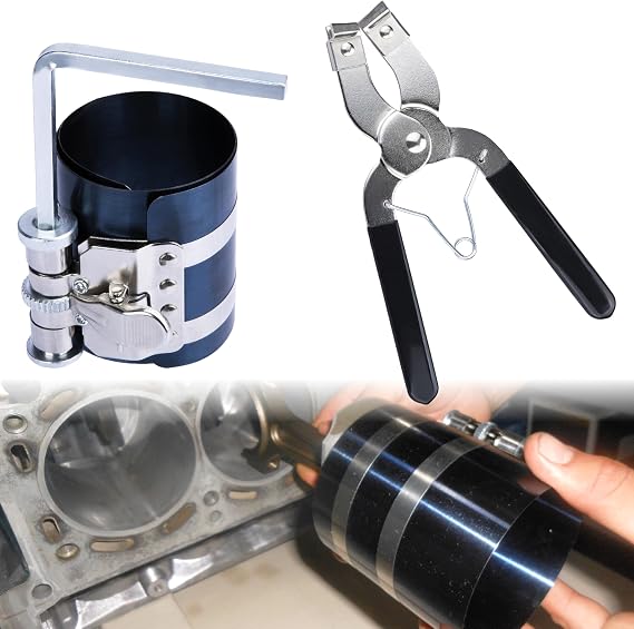 Piston Ring Compressor Tool, Car Engine Piston Ring Installer Removal Kit | Adjustable Compression Range 2"- 6.9" Diameter (53mm - 175mm), Compressor Tool with Pistons Rings Pliers