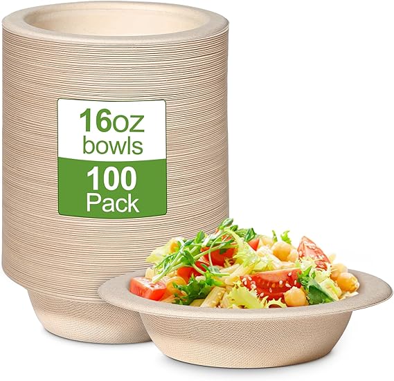 Pack of 100 Disposable Paper Bowls 470 ml Sugar Cane Disposable Tableware Disposable Soup Bowl Organic Soup Bowl Round Brown Compostable