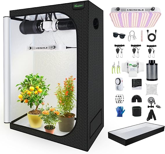 Grow Tent Complete Set 200 W LED Grow Lamp Full Spectrum Indoor Grow Tent Complete Hydroponics 600D Growing Tent Kit Ventilation System with Thermo-Hygrometer Timer Switch (120 x 60 x 180 cm)