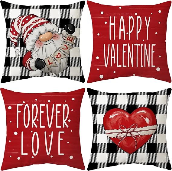 Red Buffalo Check Valentine's Day Love Heart Throw Pillow Covers, 18 x 18 Inch Throw Pillows Valentine Decorative Cushion Case Decoration for Sofa Couch Set of 4