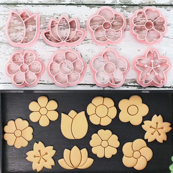 8 Mini Flower Cookie Cutters, One-touch Molding Flower Shaped Cookie Stamps | Floral Cookie Cutter Set for Spring, Mother's Day, Valentine, Holiday & DIY Party Treats Frosting Decoration