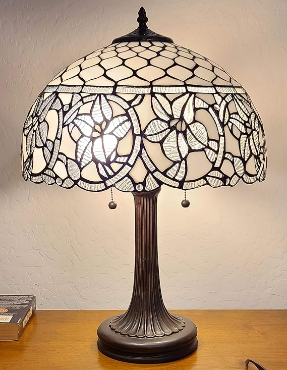 Tiffany Style Table Lamp Banker 24" Tall Stained Glass White Mahogany Elegant Vintage Antique Light Decor Nightstand Living Room Bedroom Handmade Gift AM273TL16B Amora Lighting