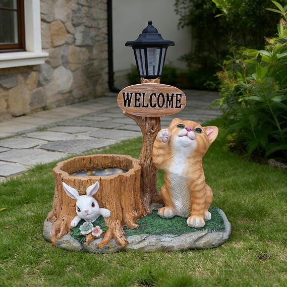 AHMED Solar Cat Outdoor Statue with Solar Lantern & Flowerpot, Resin Garden Sculpture for Yard Patio Porch Decor, Unique Gift for Mom Grandma Women