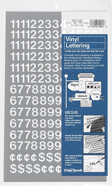 Chartpak Self-Adhesive Vinyl Numbers, 1/2 Inch High, White, 210 per Pack (01116)