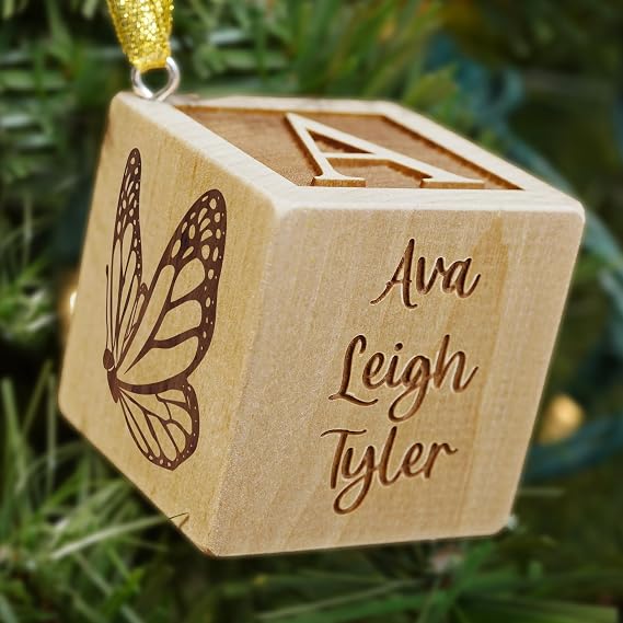 Personalized Baby Christmas Ornament 2025 (Butterfly) - or Any Animal Custom Engraved Baby Block Ornaments - Perfect Baby Essentials - Christmas Butterfly Decorations Decor