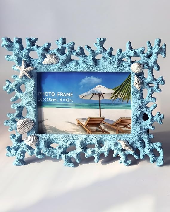 Blue Coral Photo Frame 4x6 Coastal Resin Picture Frame for Beach, Vacation & Wedding Photos | Tabletop or Wall Display, Secure Packaging, Sturdy Back Support