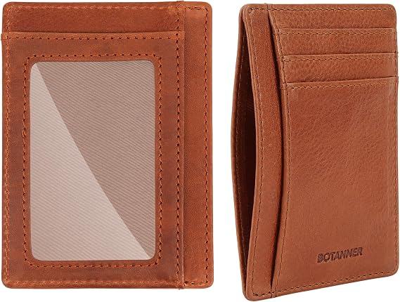 Genuine Leather Slim Credit Card Holder RFID-Blocking, with 3 Card Slots, 1 ID Window, 2 Additional Pockets, and a Note Section | Unisex (Tan)