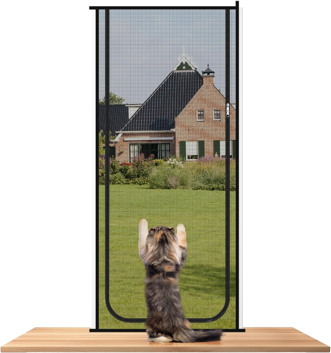 Cat Screen Door Net Curtain for Balcony,Reinforced Mesh Cat Door Screen with Zipper,Prevents Cats from Running Out,No Drilling Required,Fly Curtains for Living Room(80cm X 210cm)(Grey)