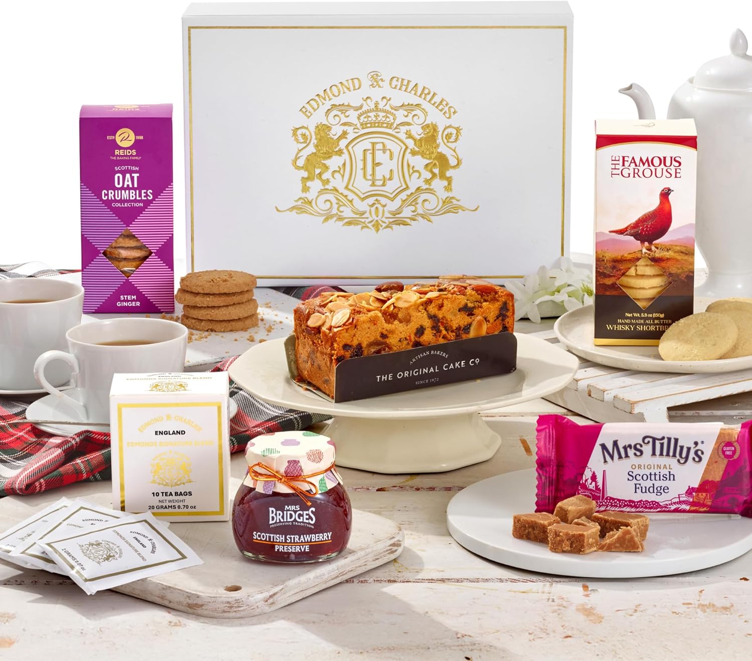 Edmond & Charles Luxury Scottish Afternoon Tea Hamper | Gift Box with Teas, Fruit Cake, Shortbread, Biscuits, Jam & Fudge | Hampers Presents for Women | Artisanal Birthday Treats from Scotland