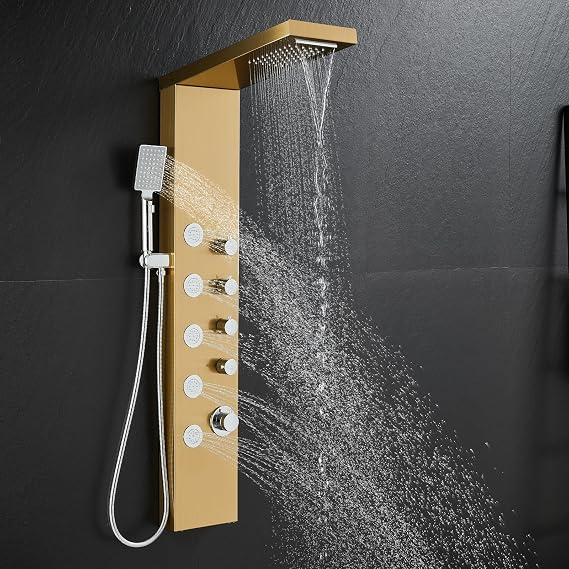 Shower Panel Tower System with Rainfall & Waterfall Shower, 5 Body Jets, 3-Function Handheld, 304 Stainless Steel Shower Tower Column, Gold