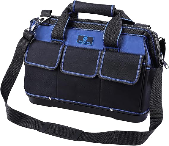 Tool Bag 16'', Multi-pocket Tool Organizer with Water Proof Plastic Base, Heavy Duty Tote with Shoulder Strap for Tool Storage, Black & Blue